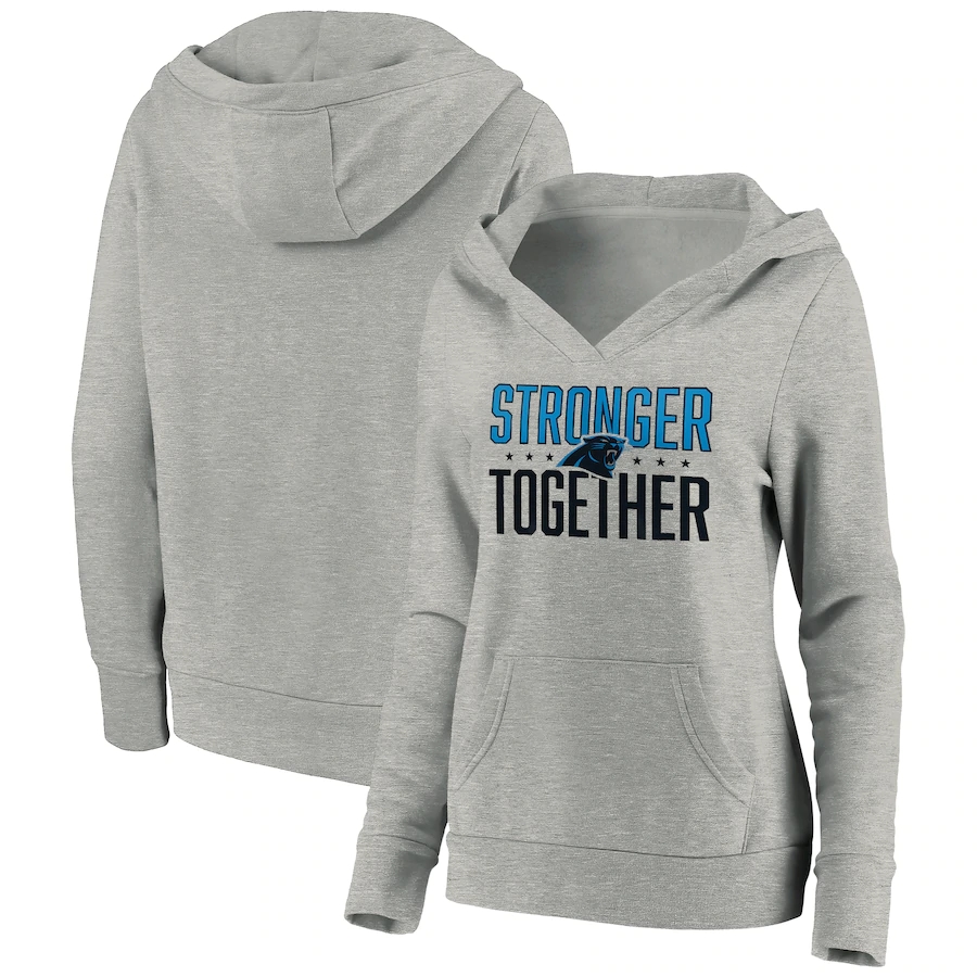 Women's Carolina Panthers Heather Gray Stronger Together Crossover Neck Pullover Hoodie(Run Small)