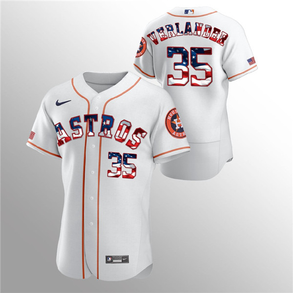 Men's Houston Astros #35 Justin Verlander White MLB 2020 Stars & Stripes Flex Base Stitched Jersey