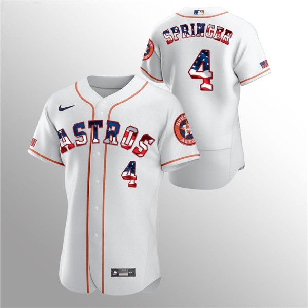 Men's Houston Astros #4 George Springer White MLB 2020 Stars & Stripes Flex Base Stitched Jersey