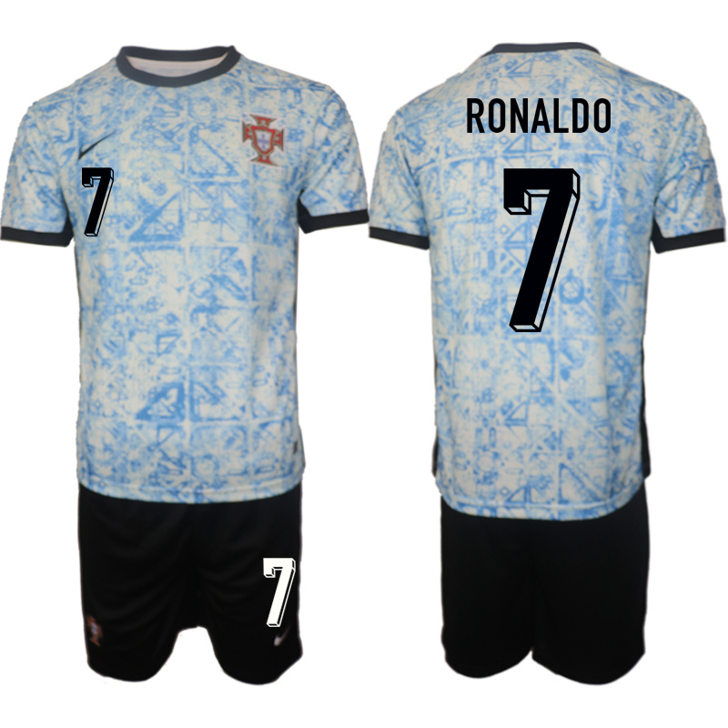 Men's Portugal Team #7 Ronaldo 2024-25 White/Blue Away Soccer Jersey Suit