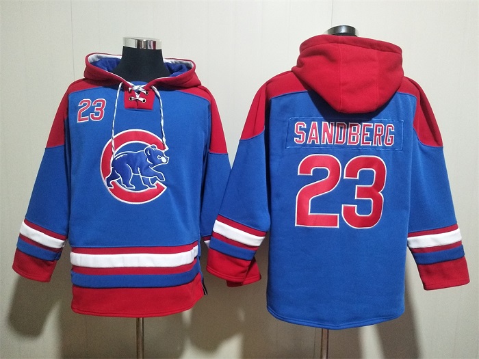 Men's Chicago Cubs #23 Ryne Sandberg Royal/Red Ageless Must-Have Lace-Up Pullover Hoodie