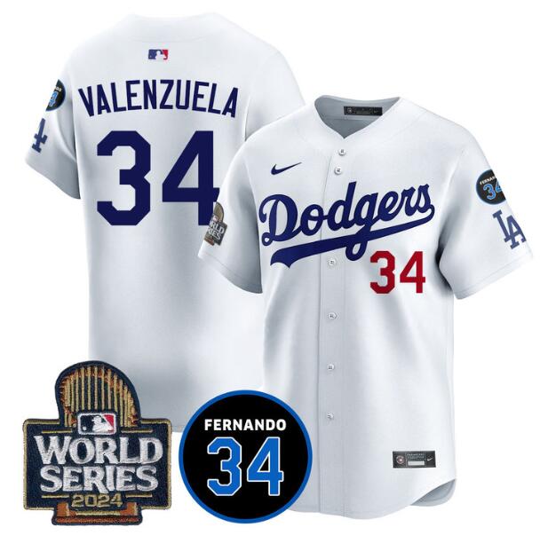 Men's Los Angeles Dodgers #34 Toro Valenzuela White 2024 World Series With Fernando Memorial Patch Limited Stitched Baseball Jersey Men's Los Angeles Dodgers #34 Toro Valenzuela White 2024 World Series With Fernando Memorial Patch Limited Stitched Baseball Jersey