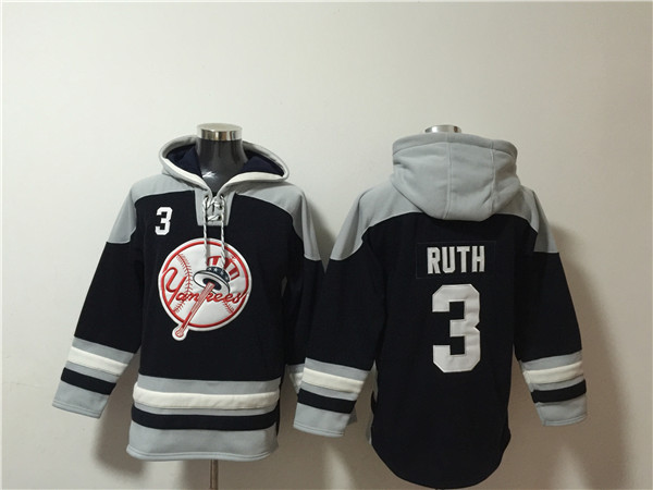 Men's New York Yankees #3 Babe Ruth Black/Grey Ageless Must-Have Lace-Up Pullover Hoodie
