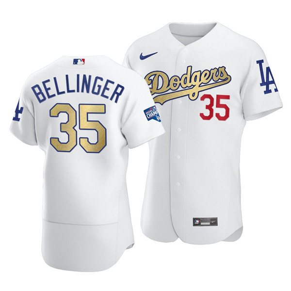 Men's Los Angeles Dodgers #35 Cody Bellinger White Gold 2021 World Series Champions Patch Sttiched MLB Jersey