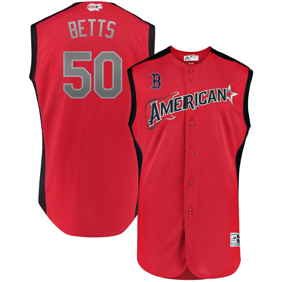 American League # 50 Mookie Betts Majestic 2019 MLB All-Star Game Workout Player Jersey Red