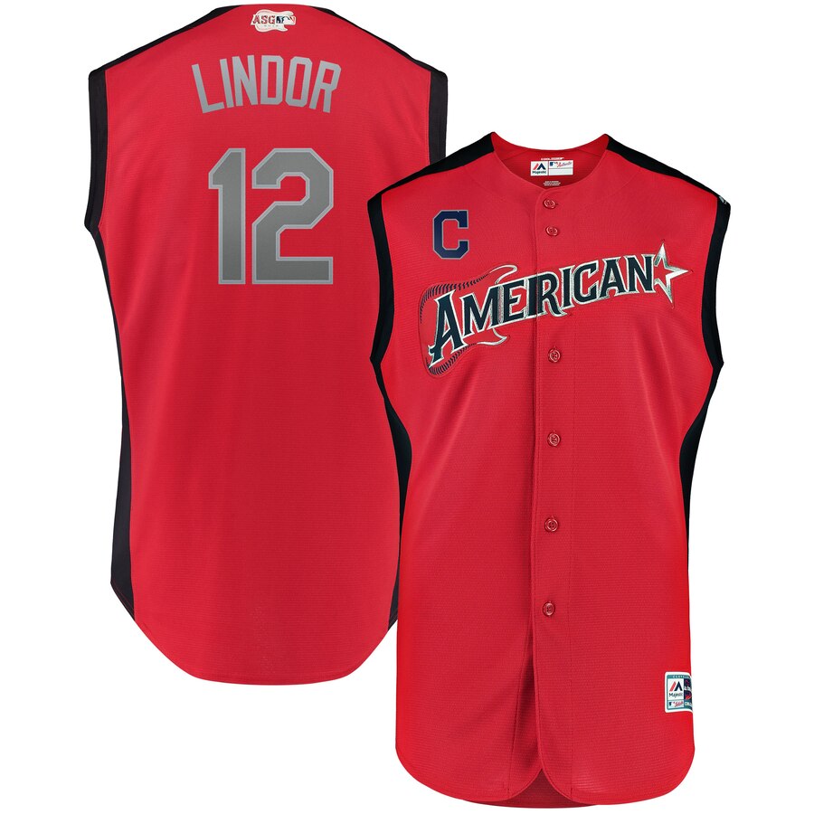 American League #12 Francisco Lindor Majestic 2019 MLB All-Star Game Workout Player Jersey Red