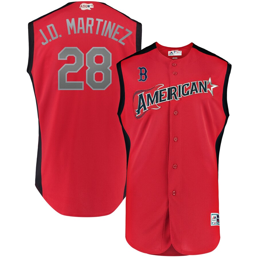 American League #28 J.D. Martinez Majestic 2019 MLB All-Star Game Workout Player Jersey Red