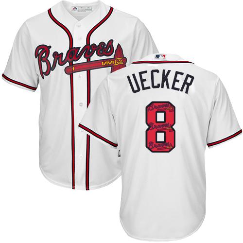 Braves #8 Bob Uecker White Team Logo Fashion Stitched MLB Jersey