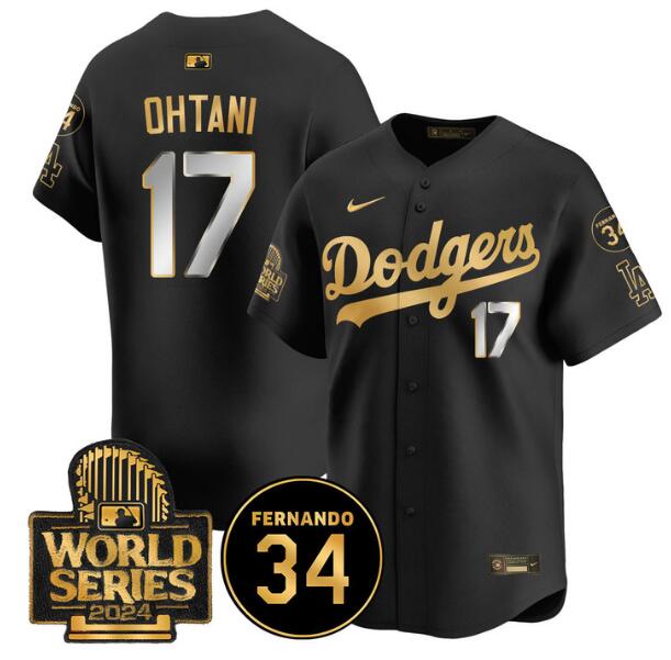 Men's Los Angeles Dodgers #17 Shohei Ohtani Black/Gold 2024 World Series With Fernando Memorial Patch Limited Stitched Baseball Jersey Men's Los Angeles Dodgers #17 Shohei Ohtani Black/Gold 2024 World Series With Fernando Memorial Patch Limited Stitched Baseball Jersey