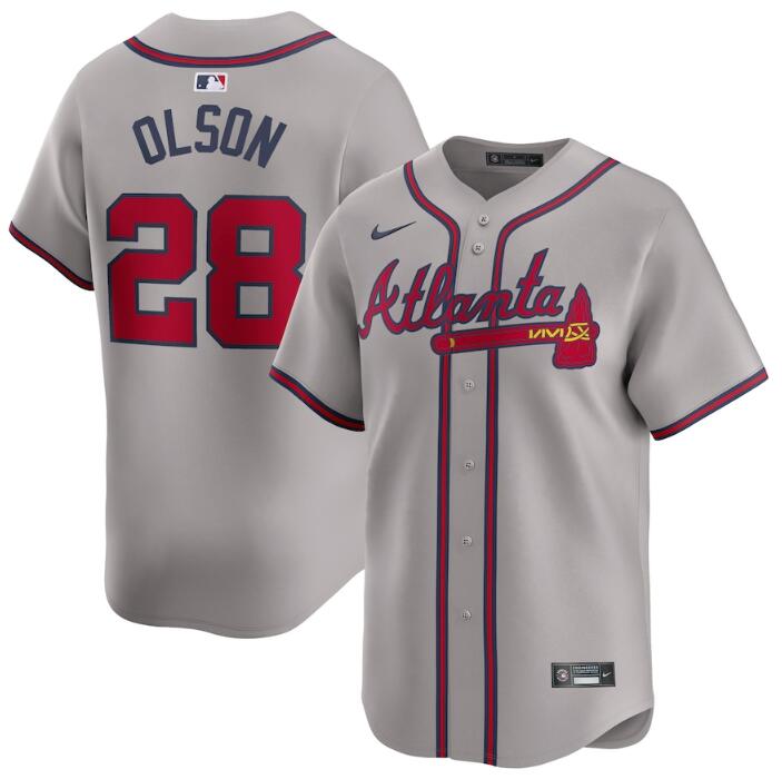 Men's Atlanta Braves #28 Matt Olson Grey 2024 Away Limited Stitched Baseball Jersey