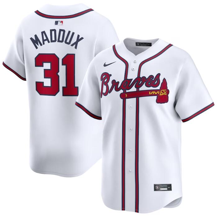 Men's Atlanta Braves #31 Greg Maddux White 2024 Home Limited Stitched Baseball Jersey