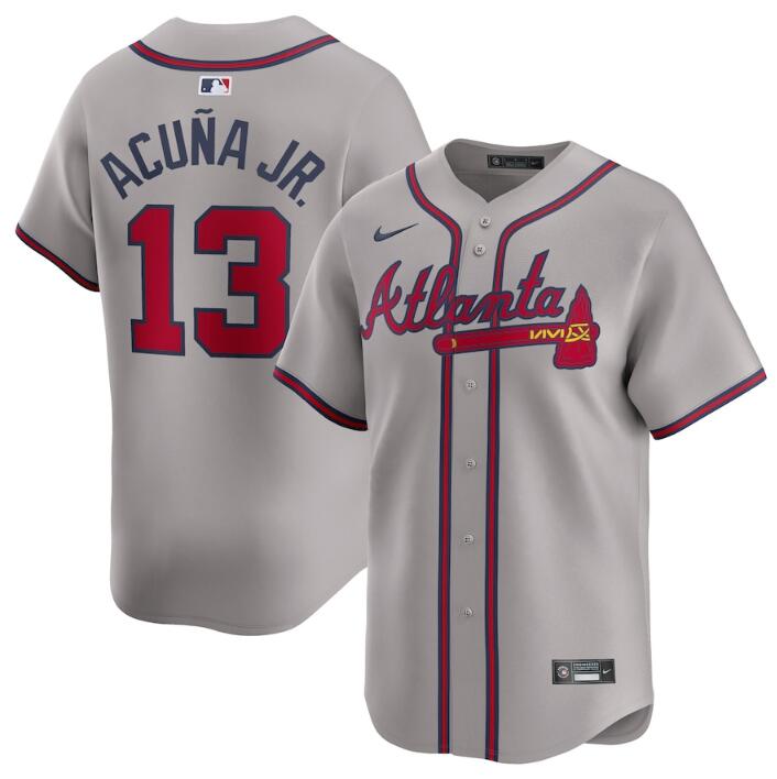Men's Atlanta Braves #13 Ronald Acuña Jr. Grey 2024 Away Limited Stitched Baseball Jersey