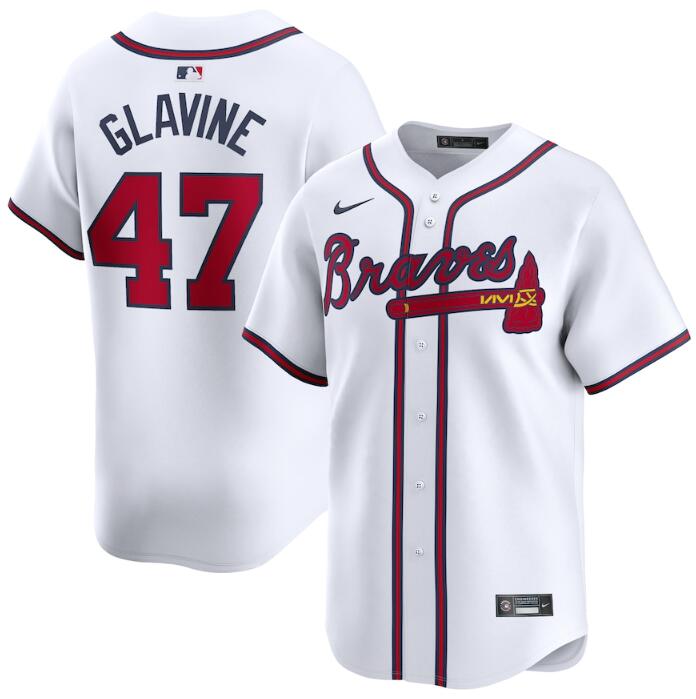Men's Atlanta Braves #47 Tom Glavine White 2024 Home Limited Stitched Baseball Jersey