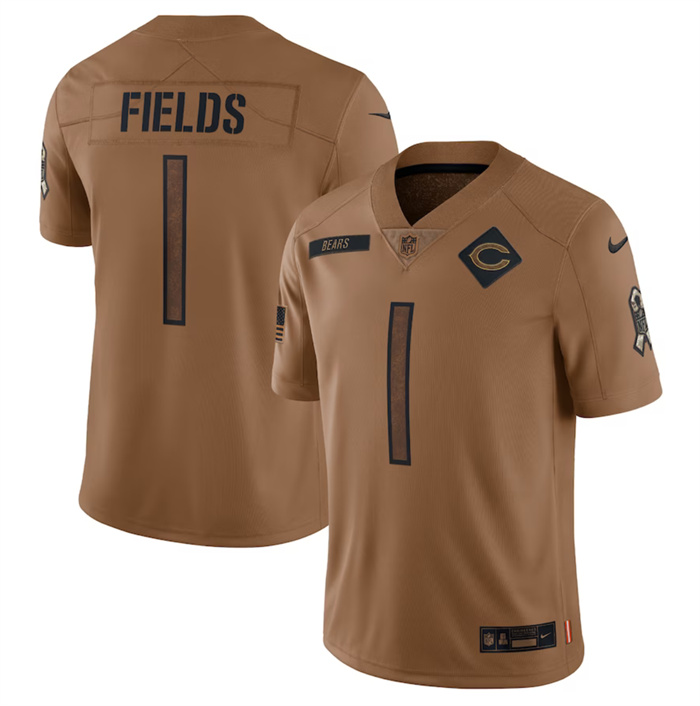 Men's Chicago Bears #1 Justin Fields 2023 Brown Salute To Service Limited Football Jersey