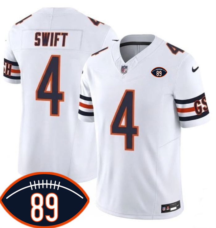 Men's Chicago Bears #4 D'Andre Swift White 2026 F.U.S.E. With Mike Ditka 89 Patch Vapor Untouchable Limited Stitched Football Jersey