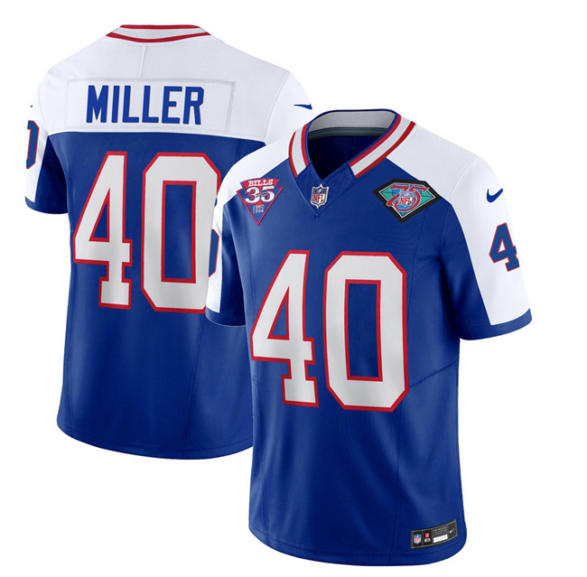 Men's Buffalo Bills #40 Von Miller Blue/White 75th Anniversary 2023 F.U.S.E. Throwback Vapor Untouchable Limited Stitched Jersey