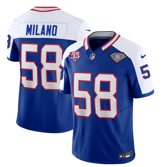 Men's Buffalo Bills #58 Matt Milano Blue/White 75th Anniversary 2023 F.U.S.E. Throwback Vapor Untouchable Limited Stitched Jersey