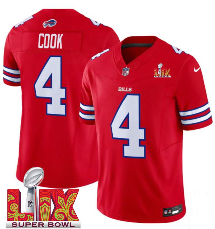 Men's Buffalo Bills #4 James Cook Red F.U.S.E. 24/25 Super Bowl LIX Vapor Untouchable Limited Stitched Football Jersey