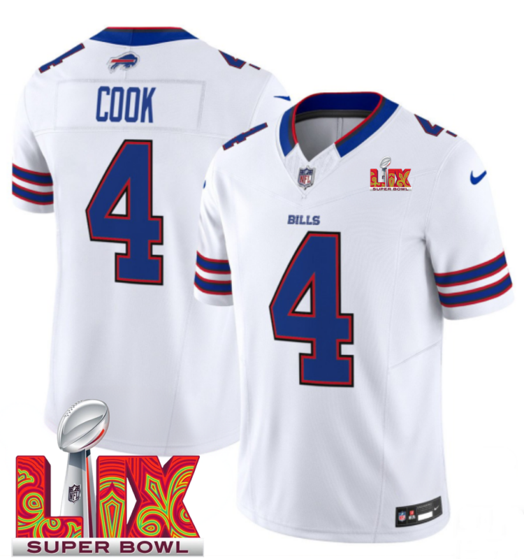 Men's Buffalo Bills #4 James Cook White F.U.S.E. 24/25 Super Bowl LIX Vapor Untouchable Limited Stitched Football Jersey Men's Buffalo Bills #4 James Cook White F.U.S.E. 24/25 Super Bowl LIX Vapor Untouchable Limited Stitched Football Jersey