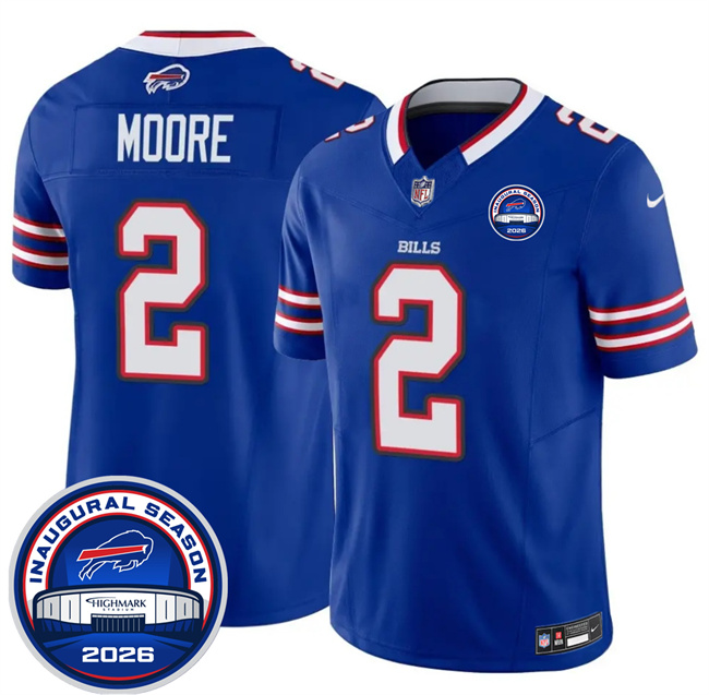 Men's Buffalo Bills #2 D.J. Moore Blue F.U.S.E. 2026 Inaugural Season at Highmark Stadium Stitched Football Jersey Men's Buffalo Bills #2 D.J. Moore Blue F.U.S.E. 2026 Inaugural Season at Highmark Stadium Stitched Football Jersey