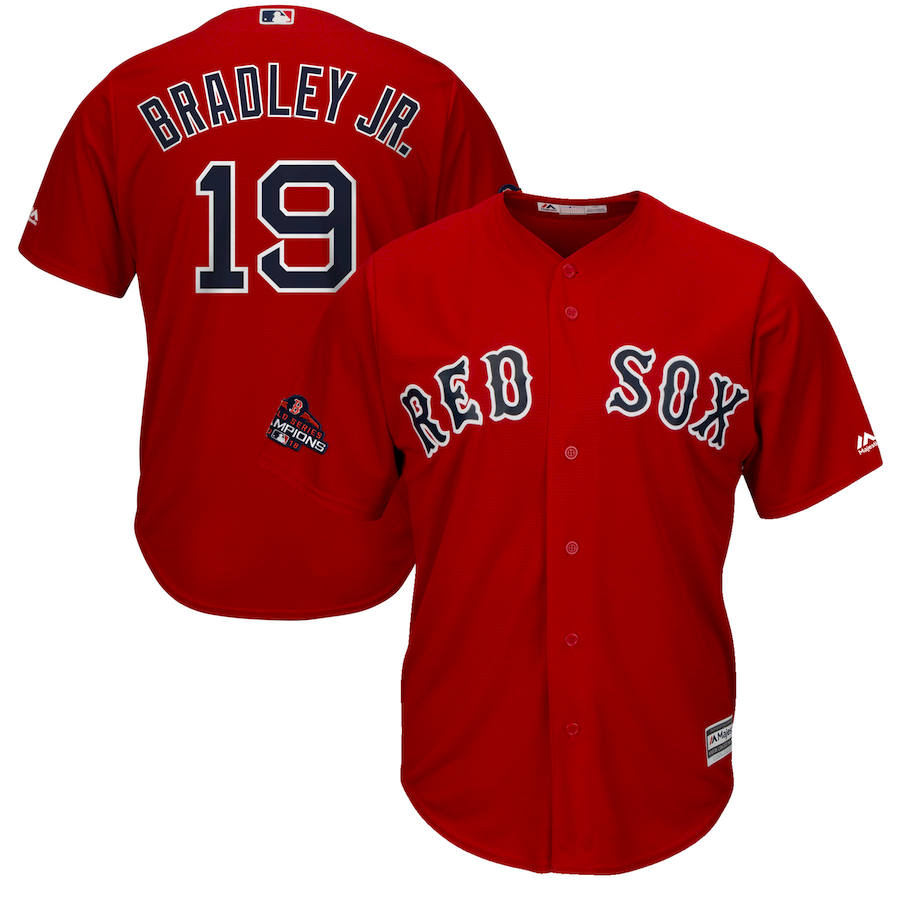 Boston Red Sox #19 Jackie Bradley Jr. Majestic 2018 World Series Champions Team Logo Player Jersey Scarlet