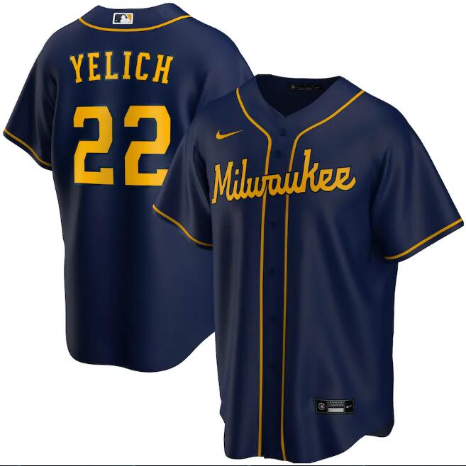 Men's Milwaukee Brewers #22 Christian Yelich Navy MLB Cool Base Stitched Jersey