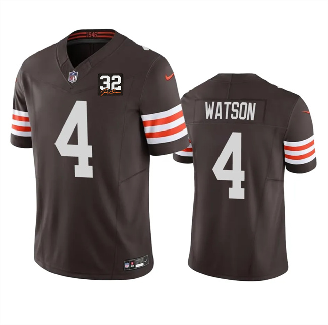 Men's Cleveland Browns #4 Deshaun Watson Brown 2023 F.U.S.E. With Jim Brown Memorial Patch Vapor Untouchable Limited Stitched Jersey