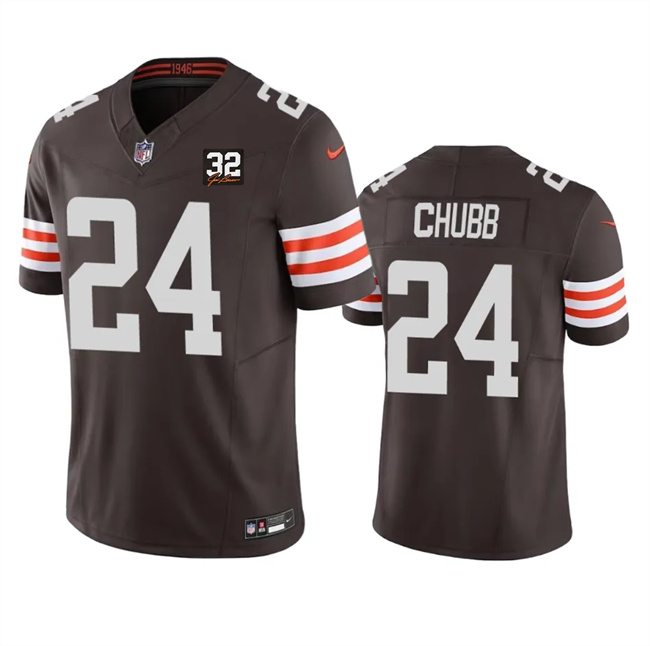 Men's Cleveland Browns #24 Nick Chubb Brown 2023 F.U.S.E. With Jim Brown Memorial Patch Vapor Untouchable Limited Stitched Jersey