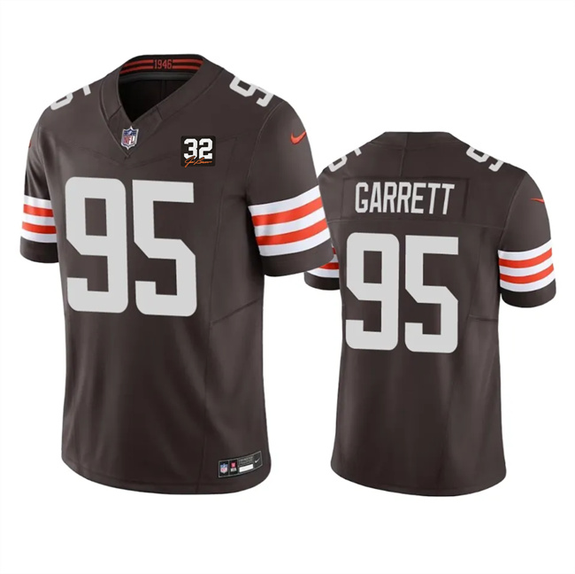 Men's Cleveland Browns #95 Myles Garrett Brown 2023 F.U.S.E. With Jim Brown Memorial Patch Vapor Untouchable Limited Stitched Jersey