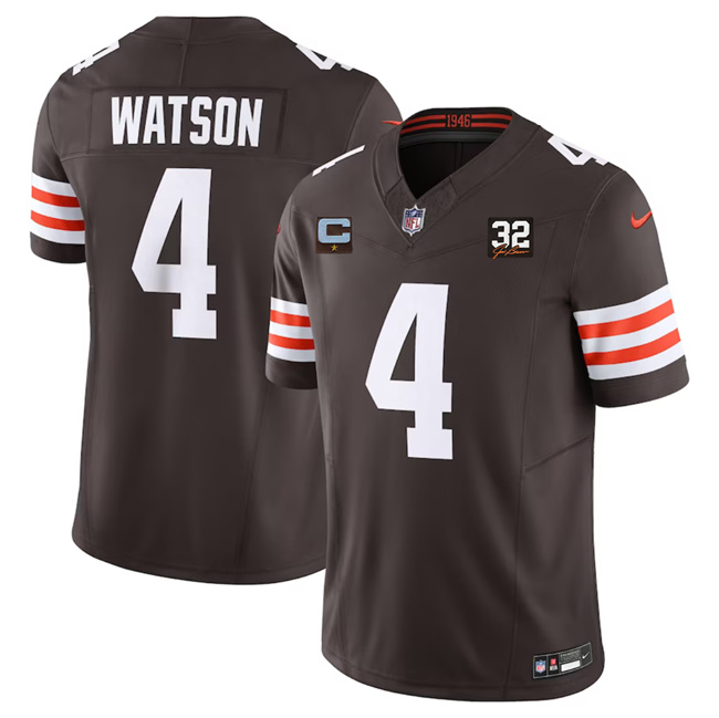 Men's Cleveland Browns #4 Deshaun Watson Brown 2023 F.U.S.E. With 1-Star C Patch And Jim Brown Memorial Patch Vapor Untouchable Limited Stitched Jersey