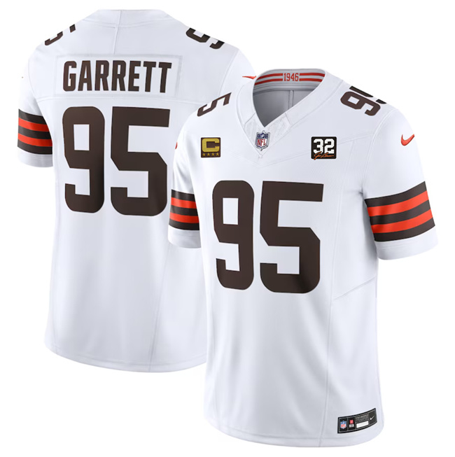 Men's Cleveland Browns #95 Myles Garrett White 2023 F.U.S.E. With 4-Star C Patch And Jim Brown Memorial Patch Vapor Untouchable Limited Stitched Jersey