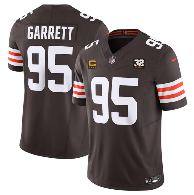 Men's Cleveland Browns #95 Myles Garrett Brown 2023 F.U.S.E. With 4-Star C Patch And Jim Brown Memorial Patch Vapor Untouchable Limited Stitched Jersey