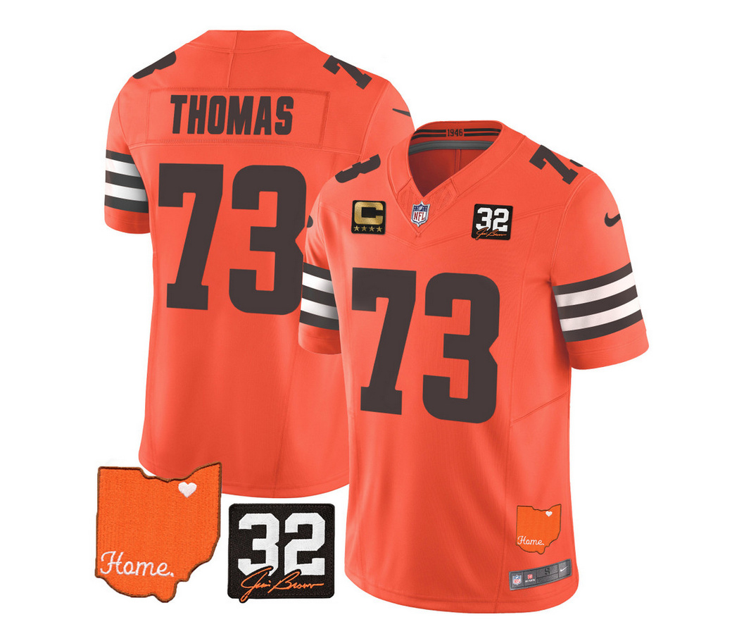 Men's Cleveland Browns #73 Joe Thomas Orange 2023 F.U.S.E. With Jim Brown Memorial Patch And 4-Star C Patch Vapor Untouchable Limited Stitched Jersey