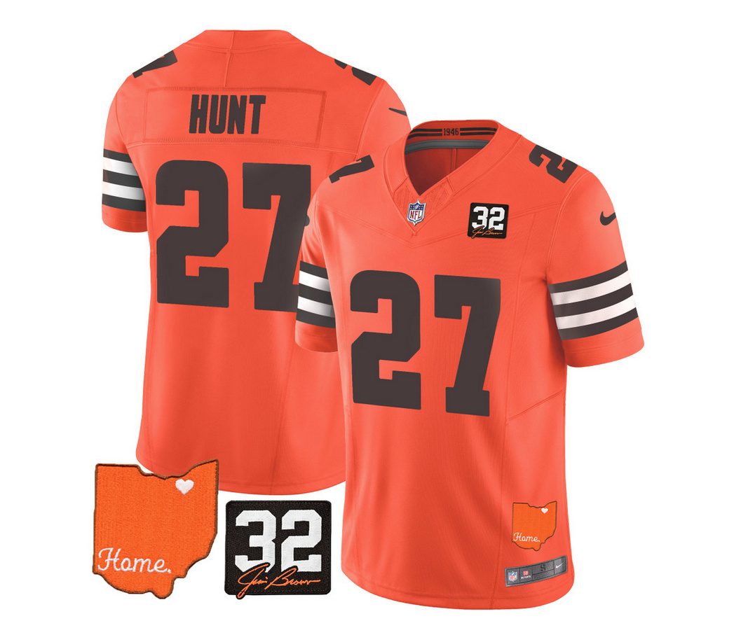 Men's Cleveland Browns #27 Kareem Hunt Orange 2023 F.U.S.E. With Jim Brown Memorial Patch Vapor Untouchable Limited Stitched Jersey