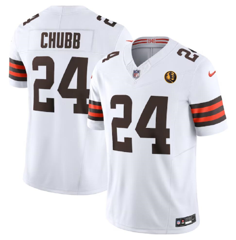 Men's Cleveland Browns #24 Nick Chubb White 2023 F.U.S.E. With John Madden Patch Vapor Limited Stitched Football Jersey