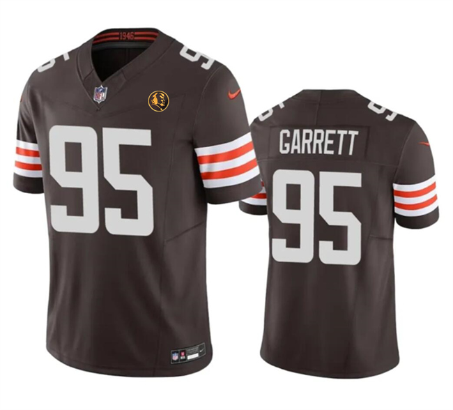 Men's Cleveland Browns #95 Myles Garrett Brown 2023 F.U.S.E. With John Madden Patch Vapor Limited Stitched Football Jersey