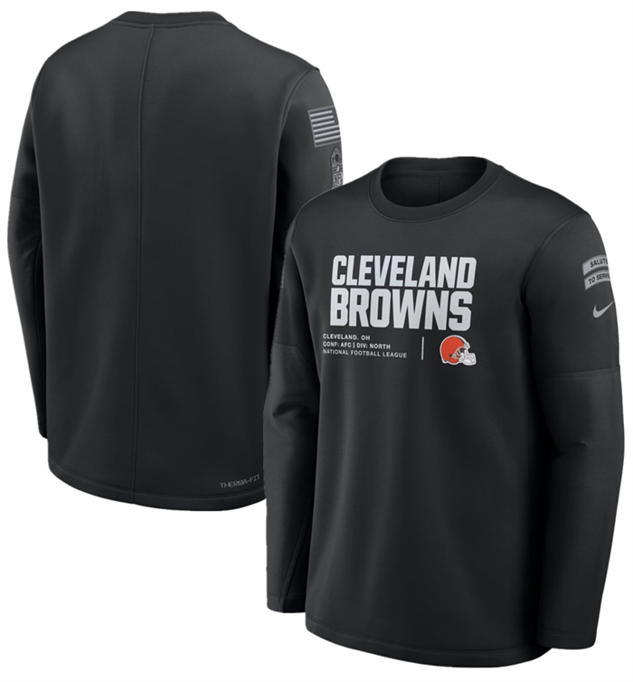 Men's Cleveland Browns Black 2026 Salute to Service Sideline Coaches Crewneck Therma-FIT Sweatshirt