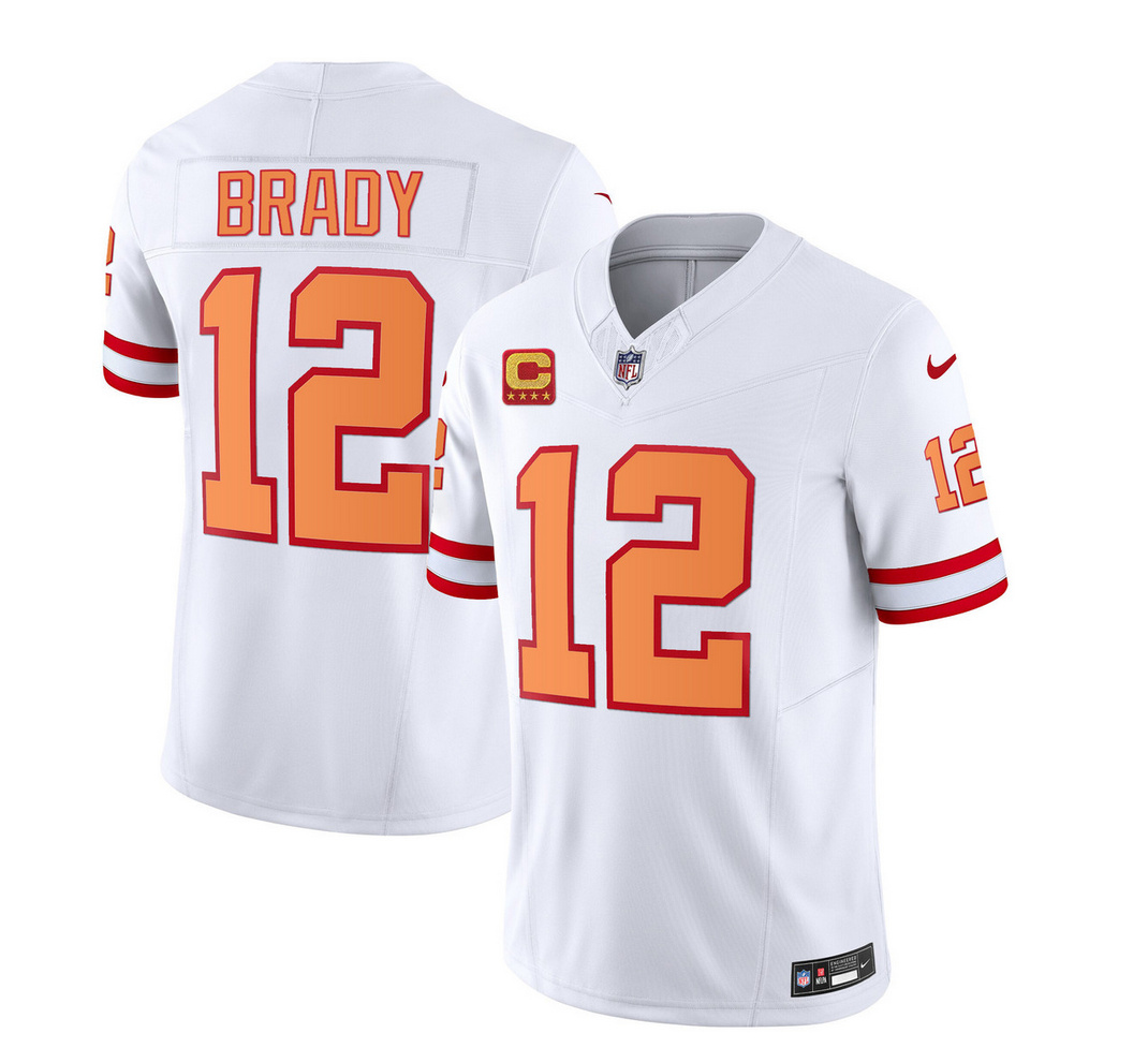 Men's Tampa Bay Buccaneers #12 Tom Brady 2023 F.U.S.E. White With 4-Star C Patch Throwback Limited Stitched Jersey