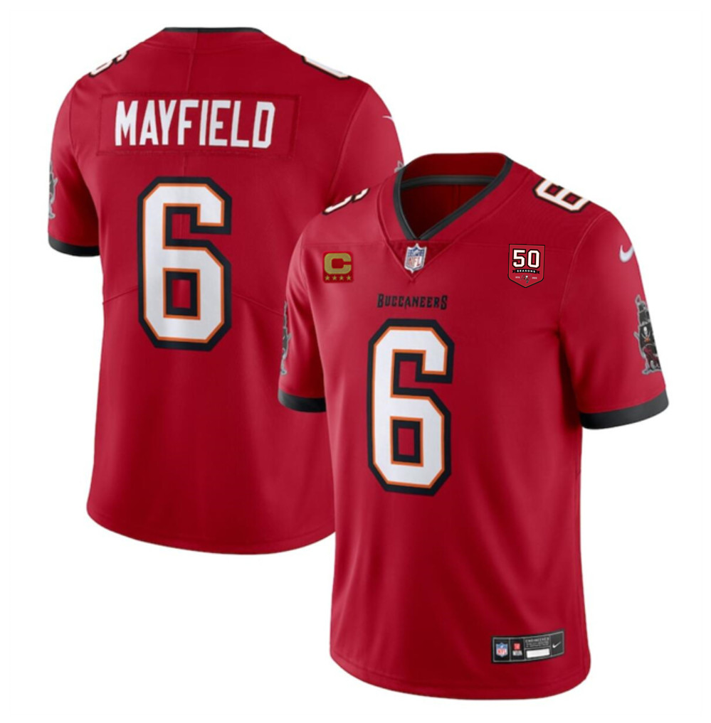 Men's Tampa Bay Buccaneers #6 Baker Mayfield Red 2025 50th Anniversary Patch And 4-Star C Patch Vapor Untouchable Limited Stitched Football Jersey Men's Tampa Bay Buccaneers #6 Baker Mayfield Red 2025 50th Anniversary Patch And 4-Star C Patch Vapor Untouchable Limited Stitched Football Jersey