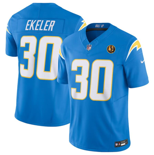Men's Los Angeles Chargers #30 Austin Ekeler Light Blue 2023 F.U.S.E. With John Madden Patch Vapor Limited Stitched Football Jersey
