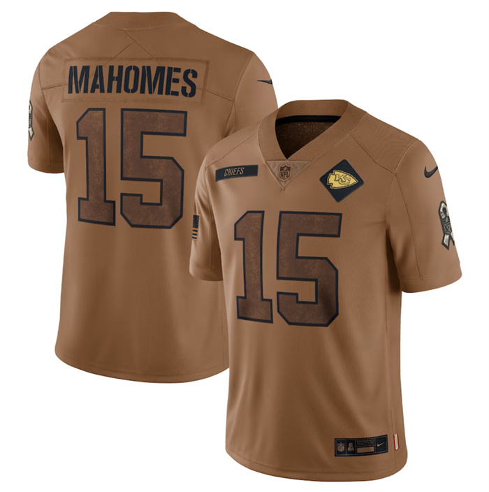 Men’s Kansas City Chiefs #15 Patrick Mahomes 2023 Brown Salute To Service Limited Football Jersey