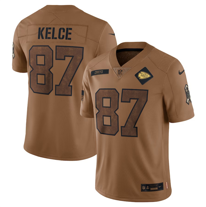 Men’s Kansas City Chiefs #87 Travis Kelce 2023 Brown Salute To Service Limited Football Jersey