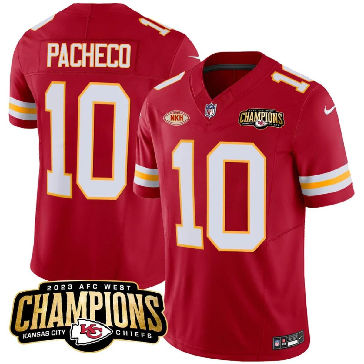 Men’s Kansas City Chiefs #10 Isiah Pacheco Red 2023 F.U.S.E. AFC West Champions With "NKH" Patch Vapor Untouchable Limited Stitched Jersey