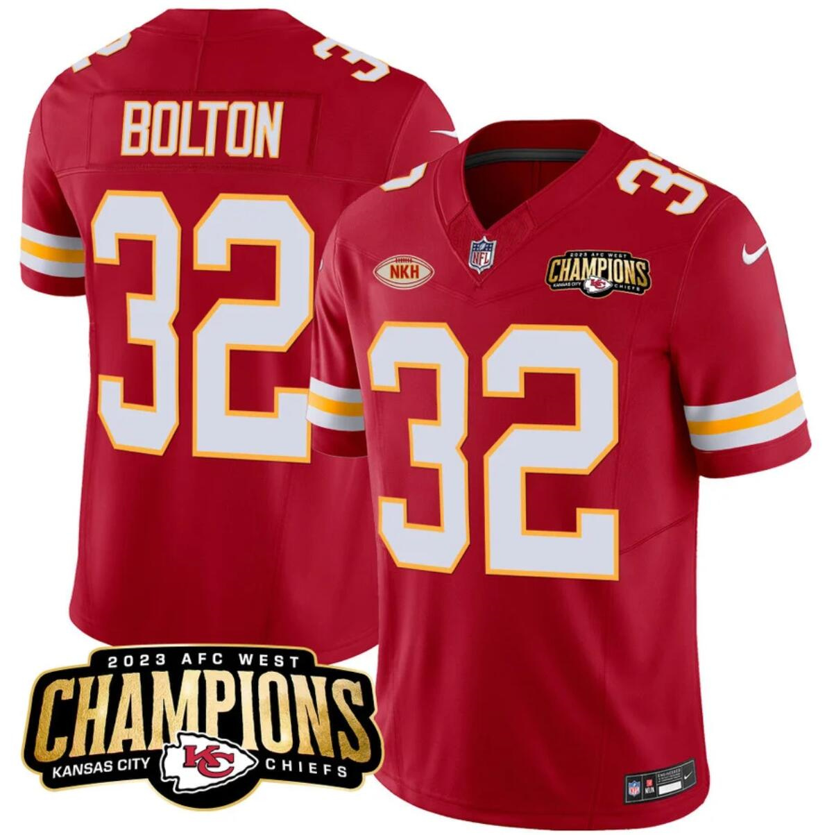 Men’s Kansas City Chiefs #32 Nick Bolton Red 2023 F.U.S.E. AFC West Champions With "NKH" Patch Vapor Untouchable Limited Stitched Jersey