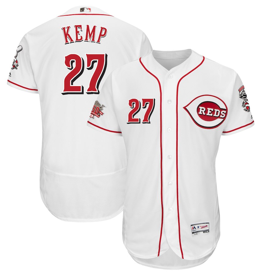 Men's Reds #27 Matt Kemp Majestic White 150th Anniversary Home Authentic Collection Flex Base Player Jersey