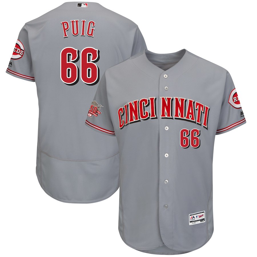 Men's Reds #66 Yasiel Puig Majestic Gray 150th Anniversary Road Authentic Collection Flex Base Player Jersey