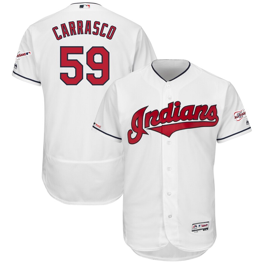 Cleveland Indians #59 Carlos Carrasco Majestic Home 2019 All-Star Game Patch Flex Base Player Jersey White