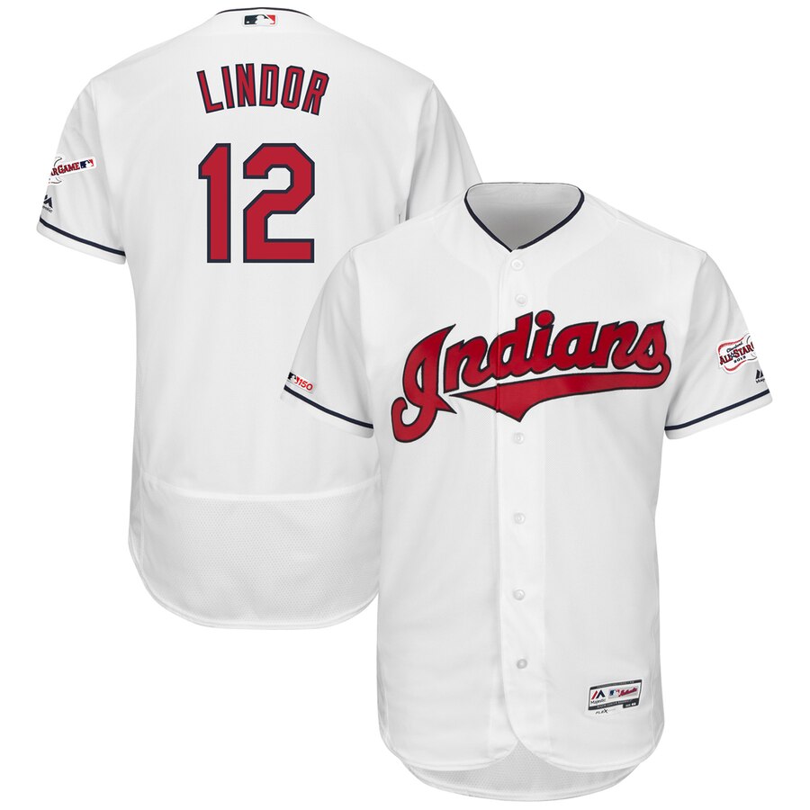 Cleveland Indians #12 Francisco Lindor Majestic Home 2019 All-Star Game Patch Flex Base Player Jersey White