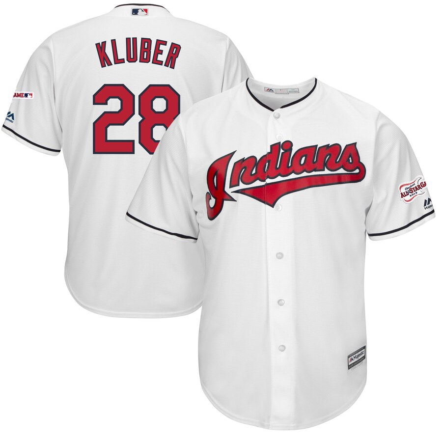 Cleveland Indians #28 Corey Kluber Majestic Home 2019 All-Star Game Patch Cool Base Player Jersey White