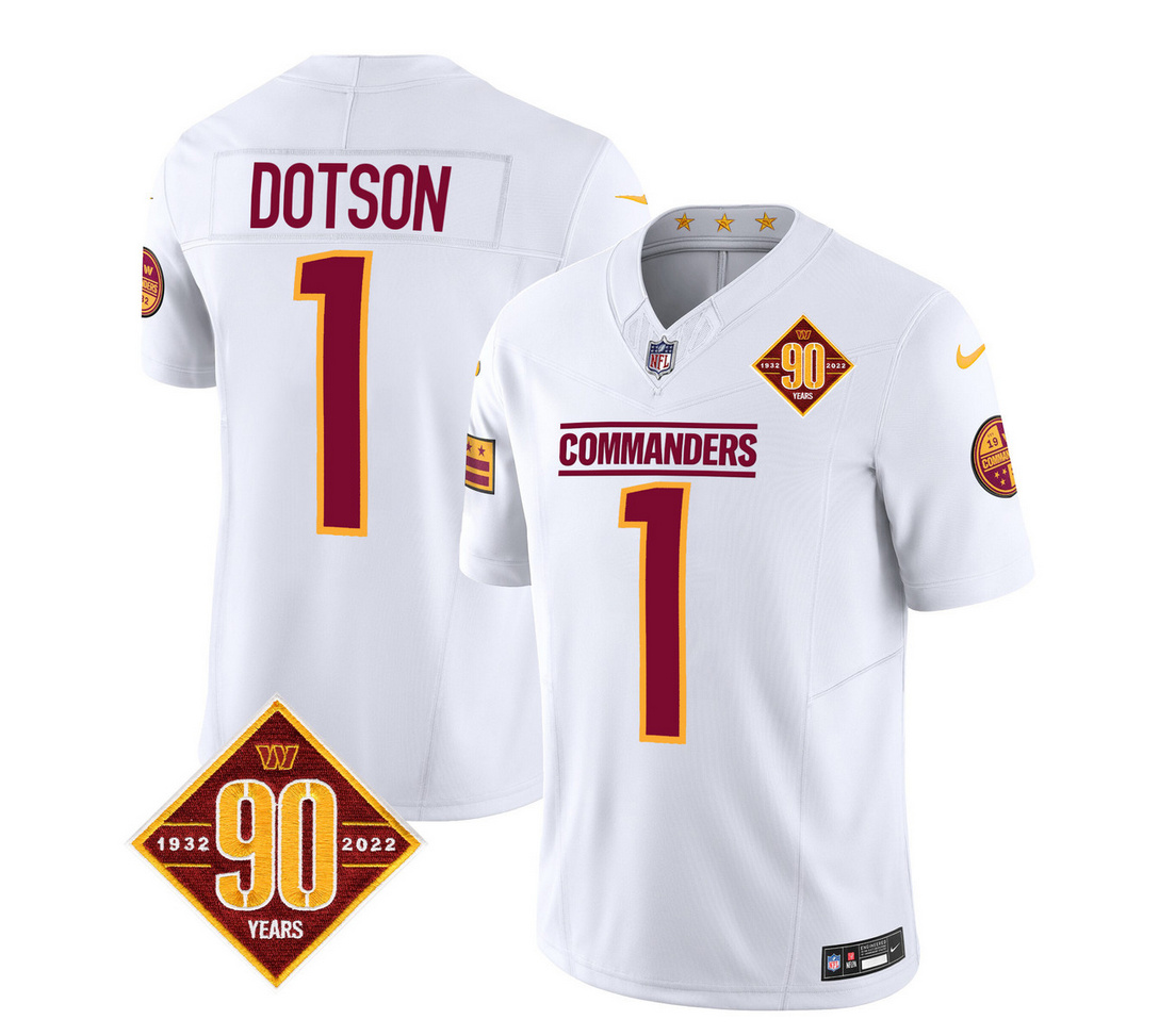 Men's Washington Commanders #1 Jahan Dotson White 2023 F.U.S.E. 90th Anniversary Vapor Limited Stitched Football Jersey